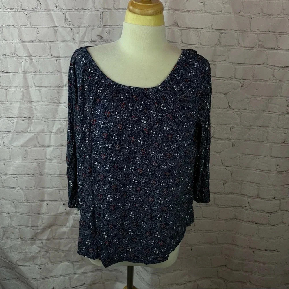 michael kors peasant blouse sz large 3/4 sleeve navy red hearts floral pattern
